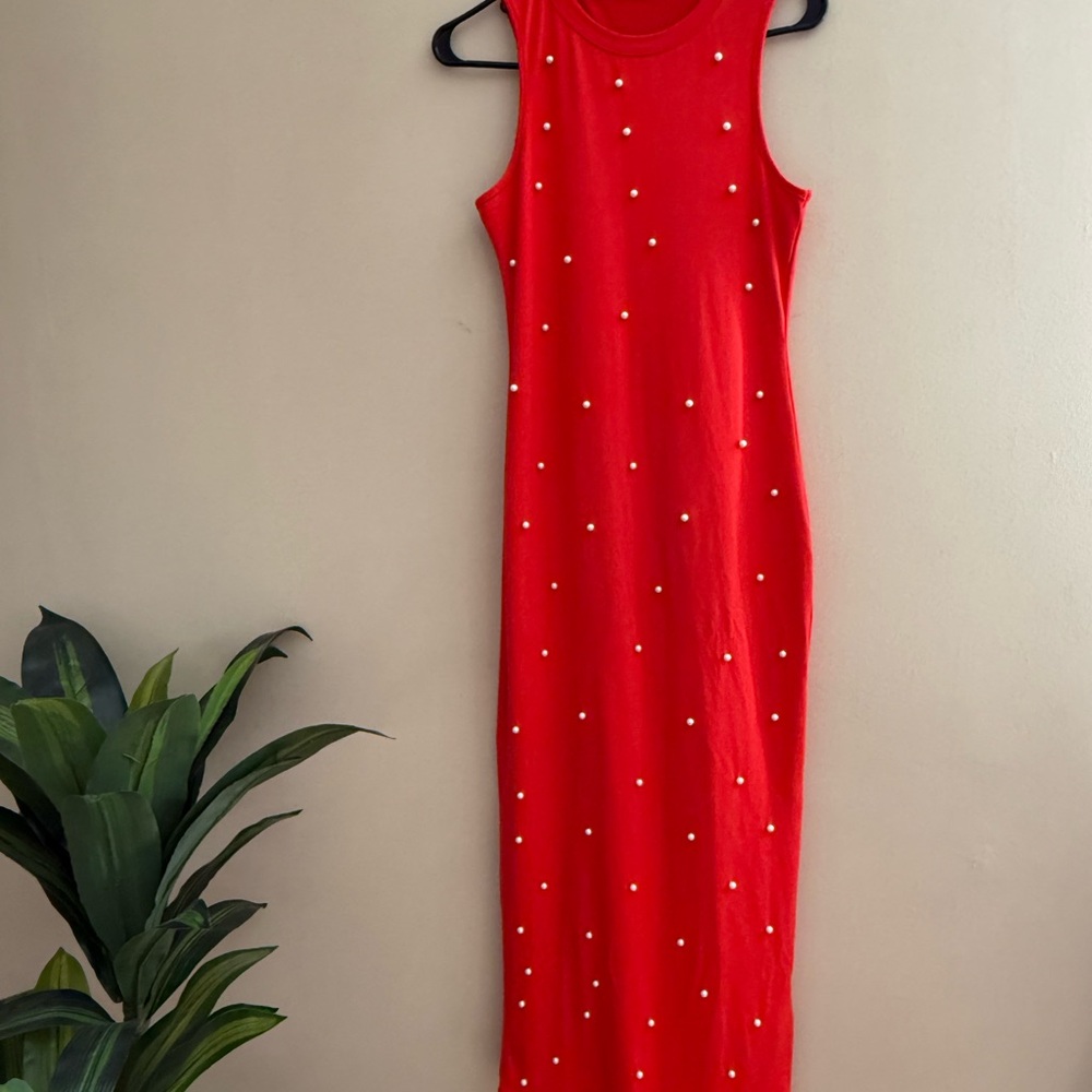 SHEIN Red Midi Dress with Pearl Accents
